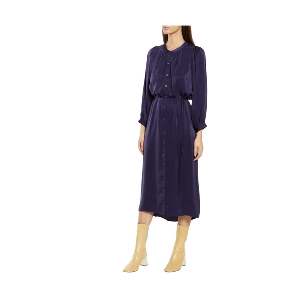 XIRENA Women's Purple Button-Down Midi Dress Long Sleeve Drawstring Waist
